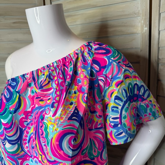 Lilly Pulitzer Fifer Silk One Shoulder Top Size Large Psychedelic Sunshine multi - Picture 5 of 10